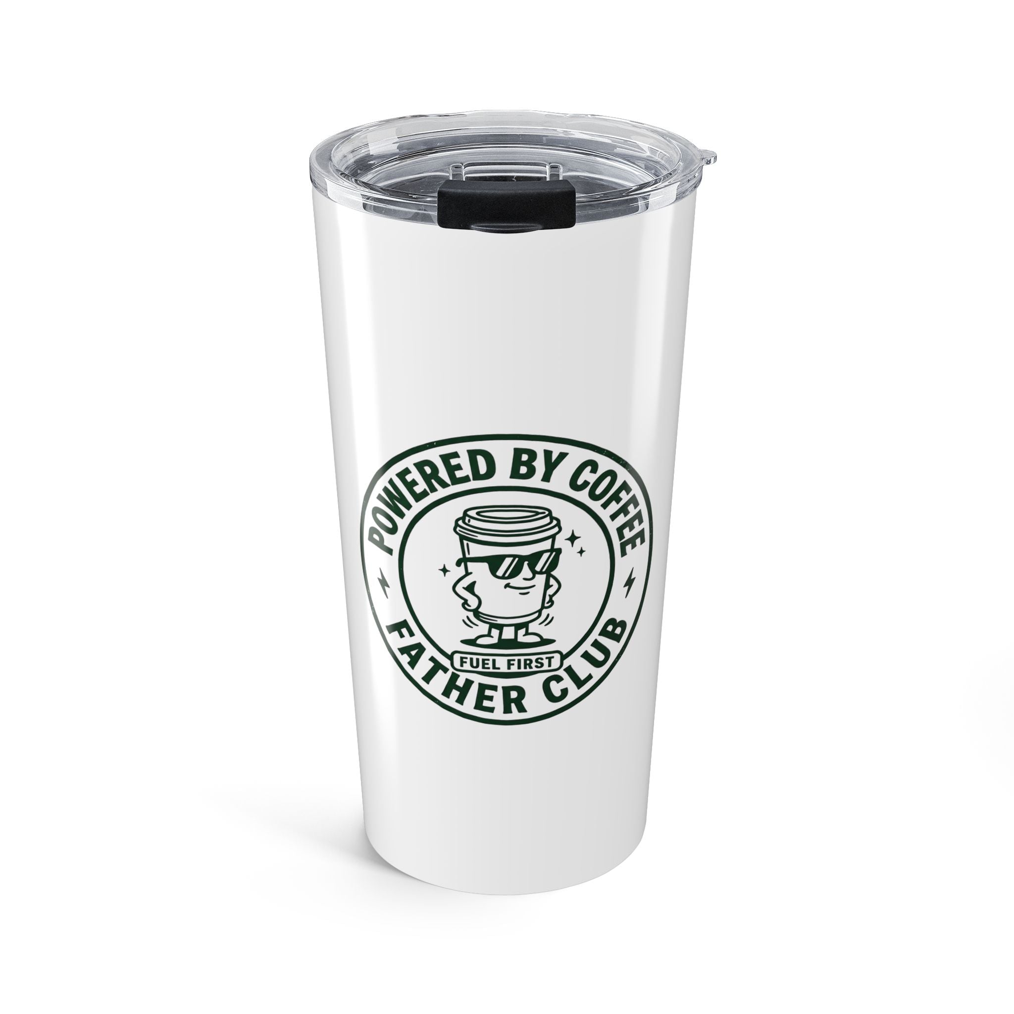 20oz Coffee Tumbler – “Powered by Coffee” Father Club Insulated Travel Mug